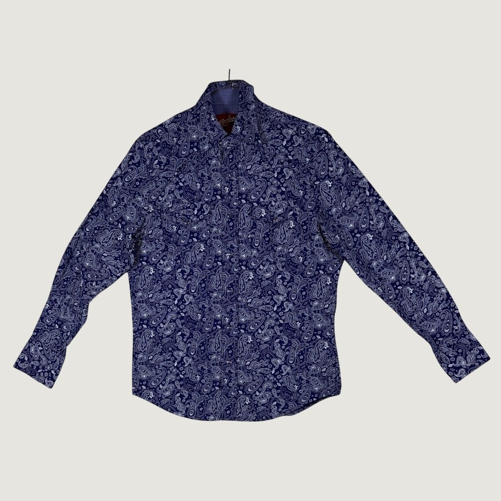 Rodeo Clothing Co Mens Navy Blue Paisley Pearl Snap Western Shirt Long Sleeve L